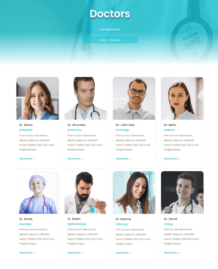 Doctors page in medical free Divi child theme