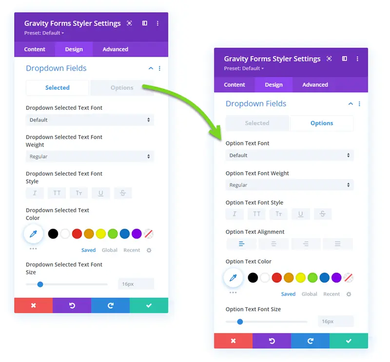 Dropdown menu options in the Gravity forms styler plugin for Divi