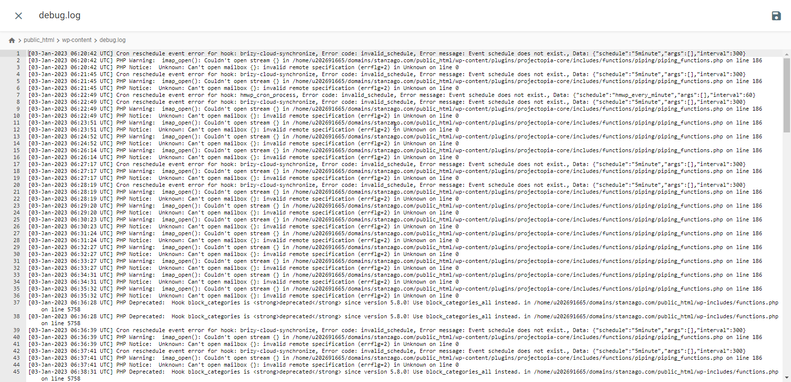 Website error messages list in the debug.log file.