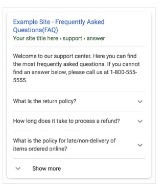 FaqSchema search results example from Google