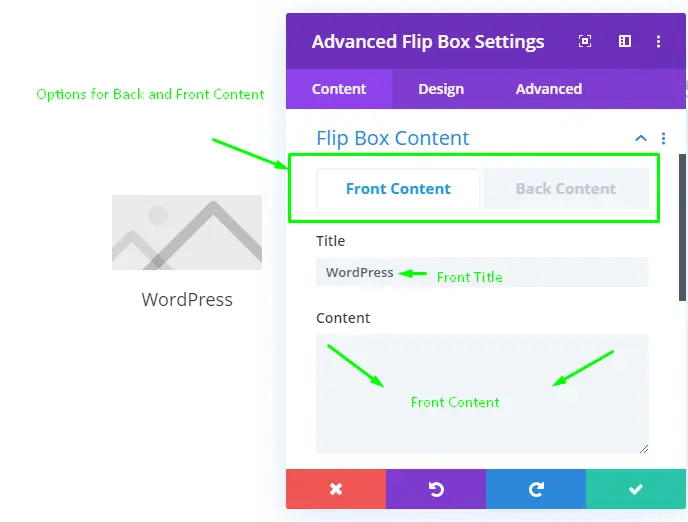 Flip box content front content settings