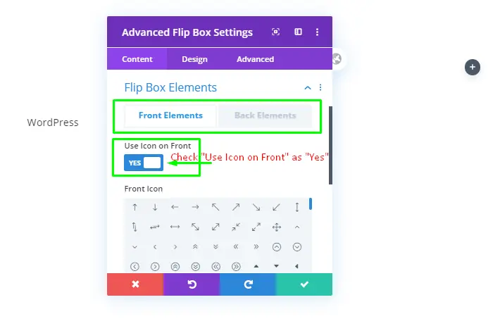 Flip box front element settings