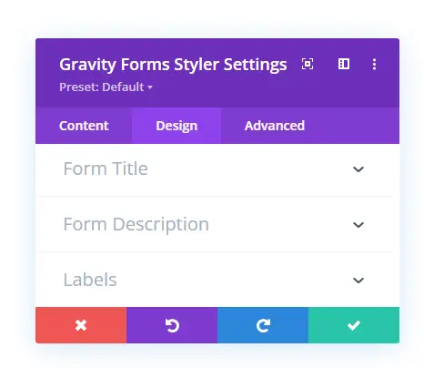 Form title, description and labels settings for Divi Gravity forms
