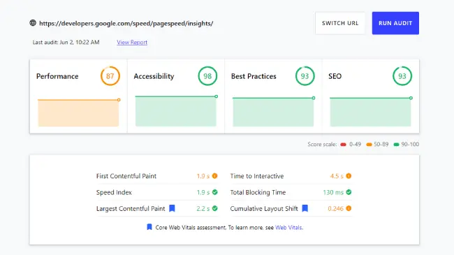Google pagespeed insights of Divi
