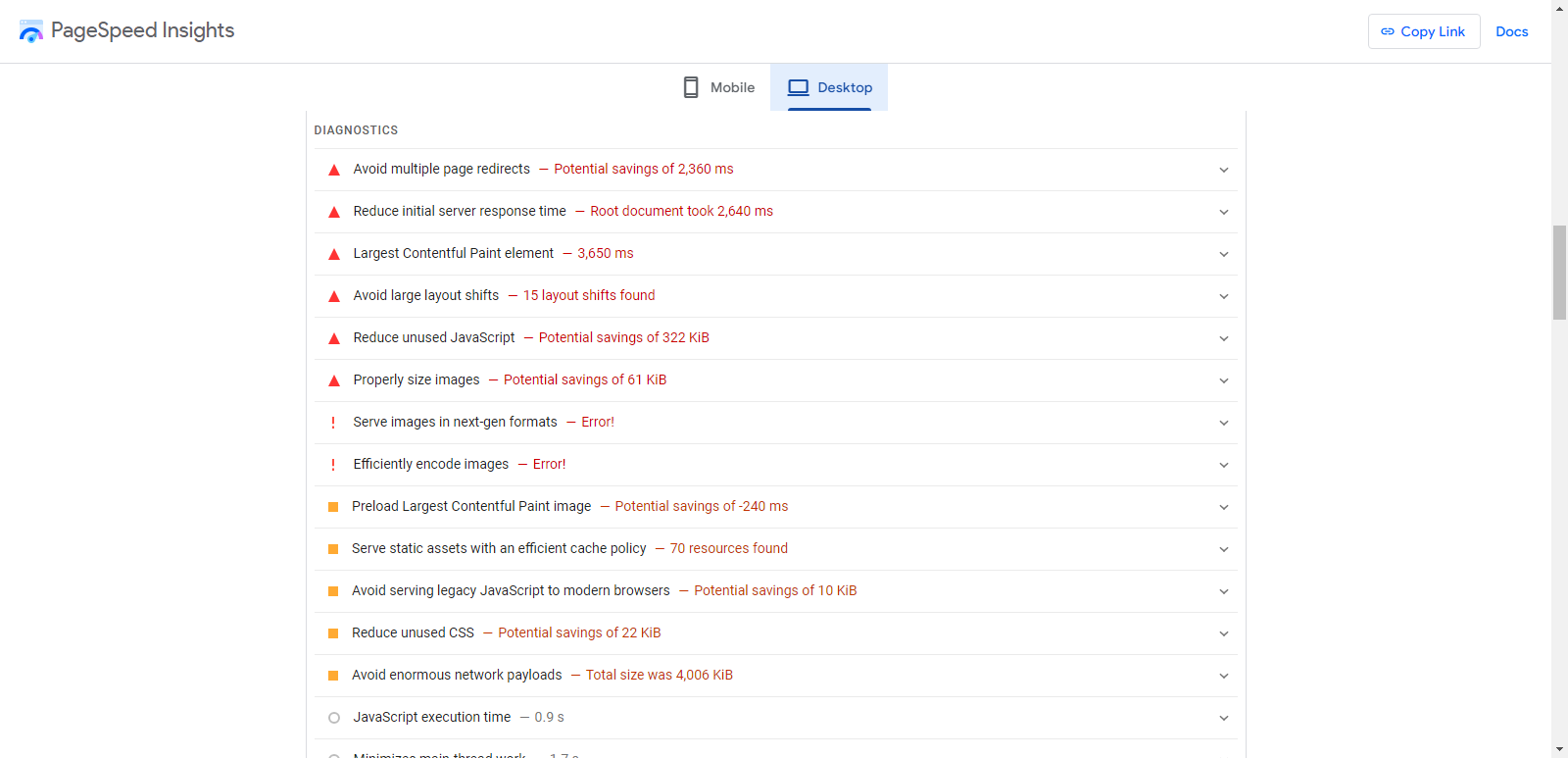 Checking performance errors with Google PageSpeed Insights.