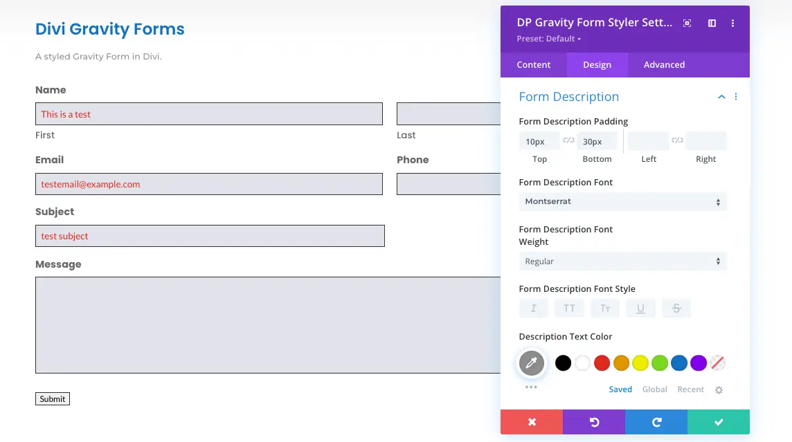 Gravity form text styling in Divi