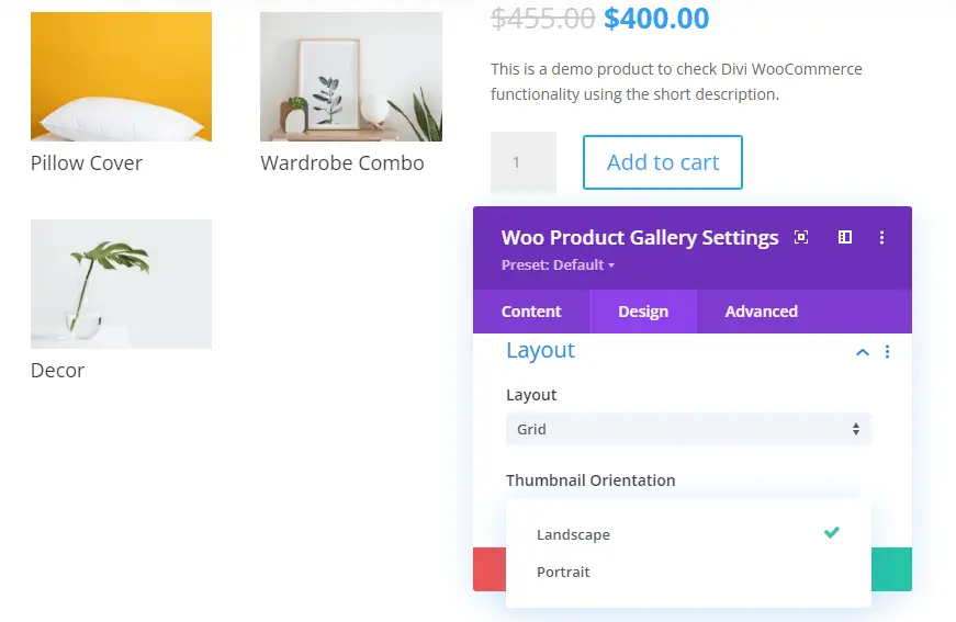 Grid landscape Divi WooCommerce Product Image Gallery