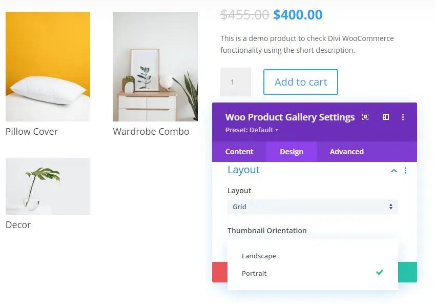 Grid portrait Divi WooCommerce Product Image Gallery