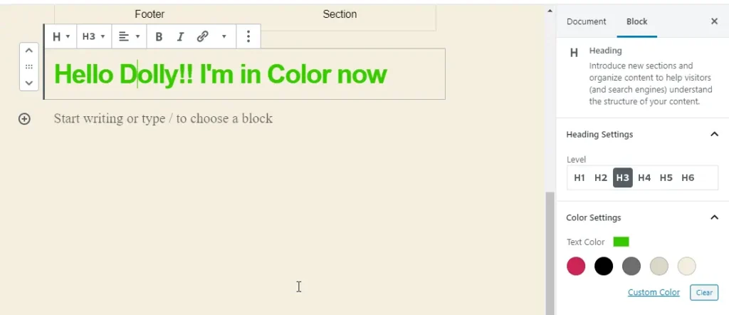 Gutenberg editor with color support for headings