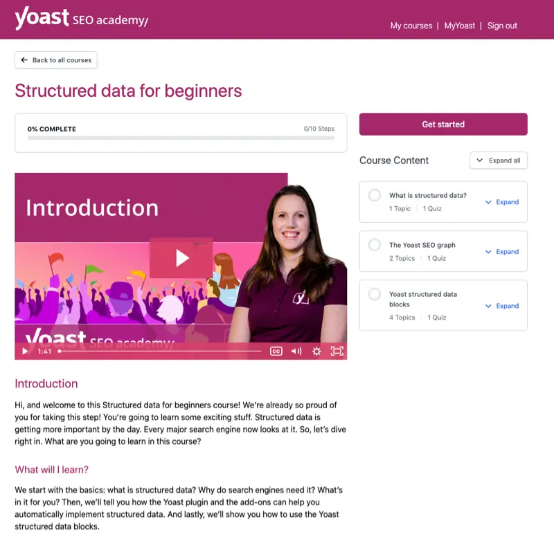 Individual course page of Yoast SEO academy created using LearnDash