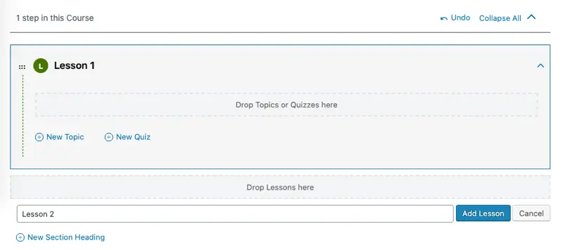 Lessons option in the course builder of course
