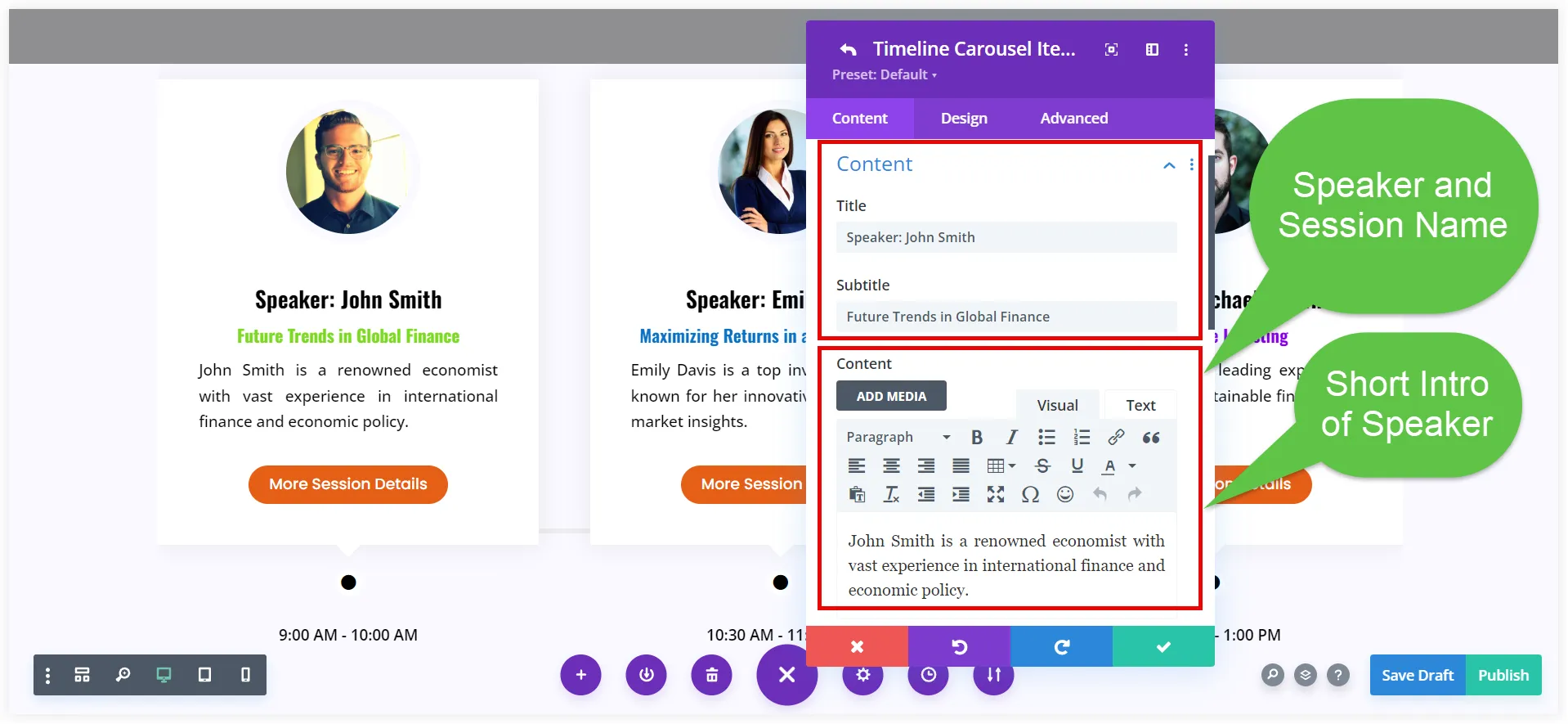 Create a Speaker Timeline carousel