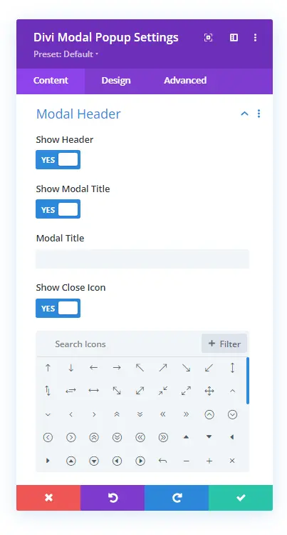 Modal header settings