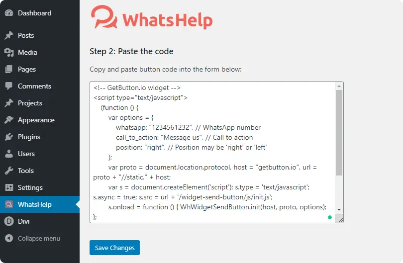 Paste the code in the WhatsHelp form