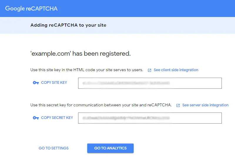 reCAPTCHA site and secret key window