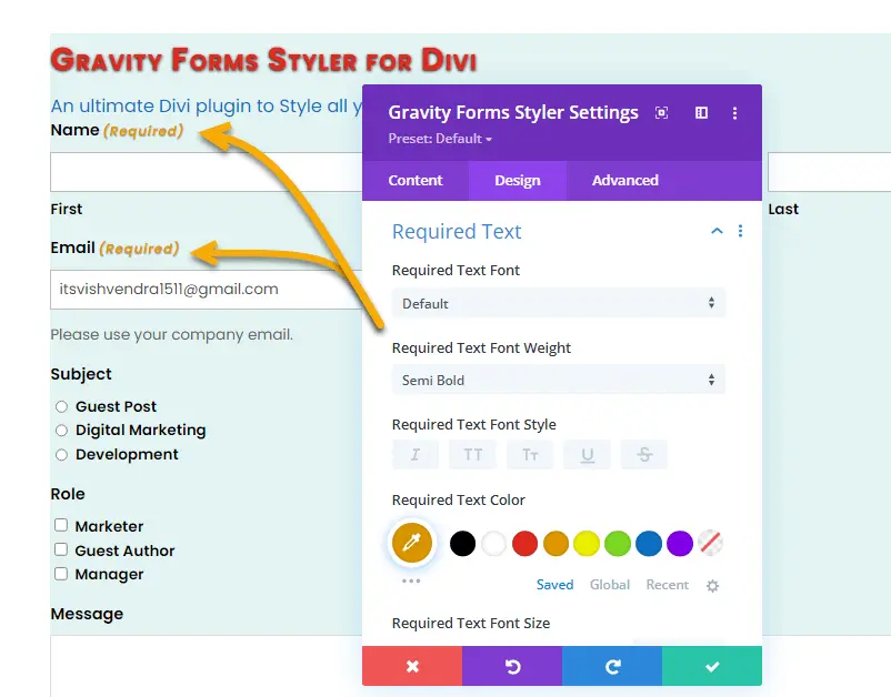 Required text customizations for Divi Gravity forms styler