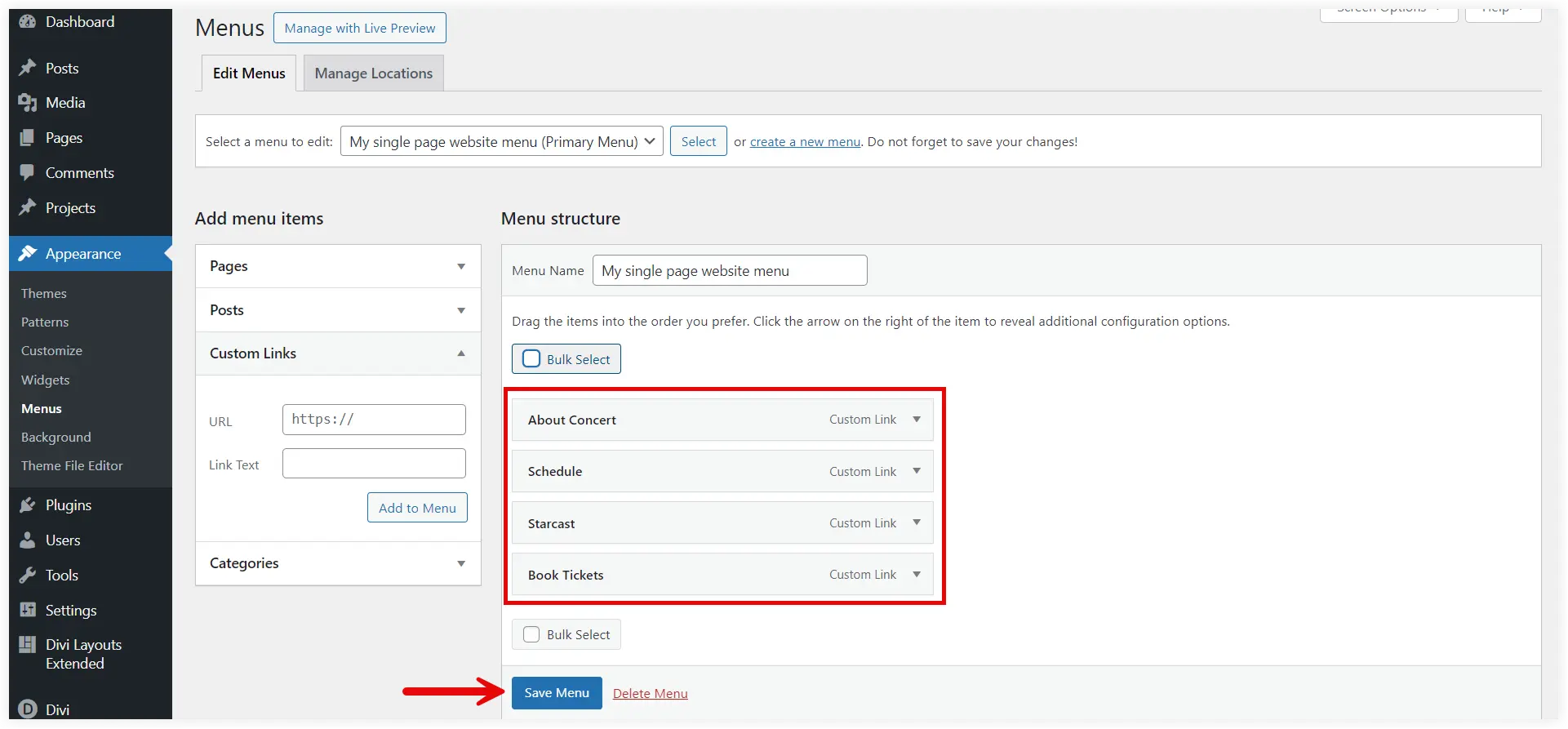 Custom links added to WordPress menu