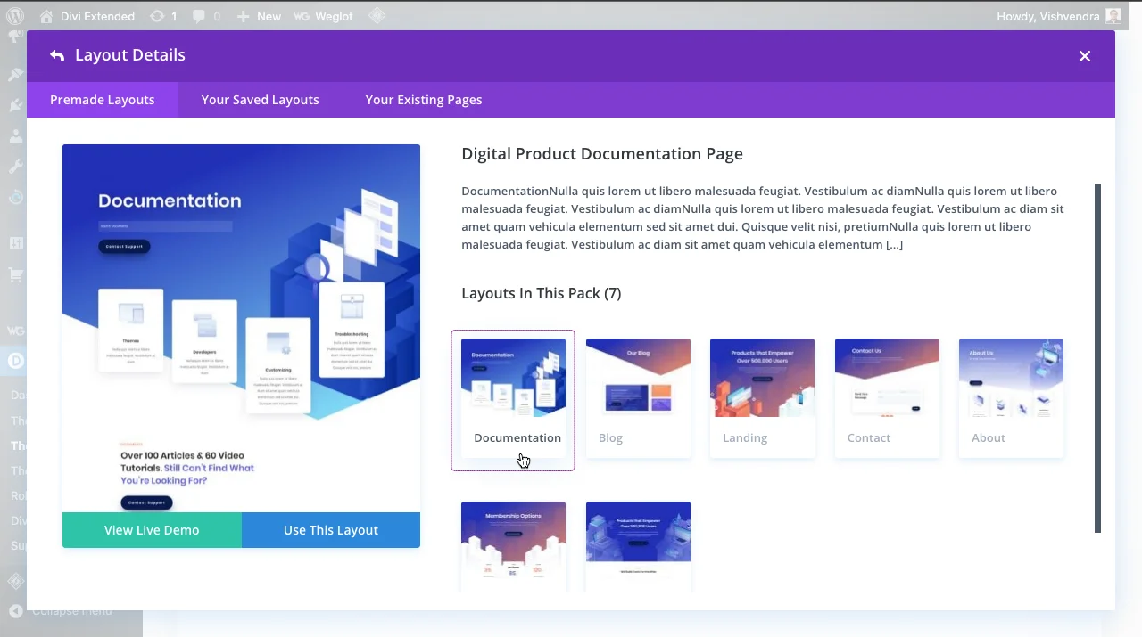 Selecting documentation template