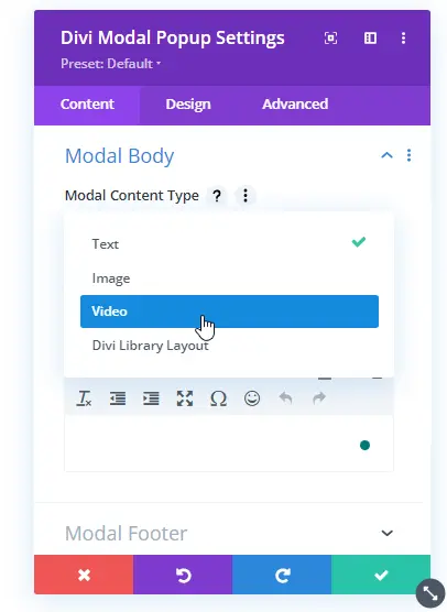 Selecting the video option in the modal body