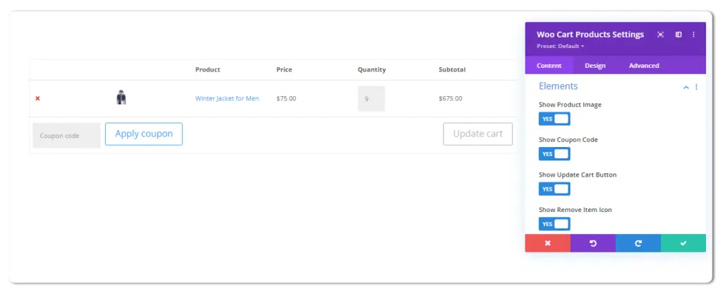 Settings of Woo Cart Products module