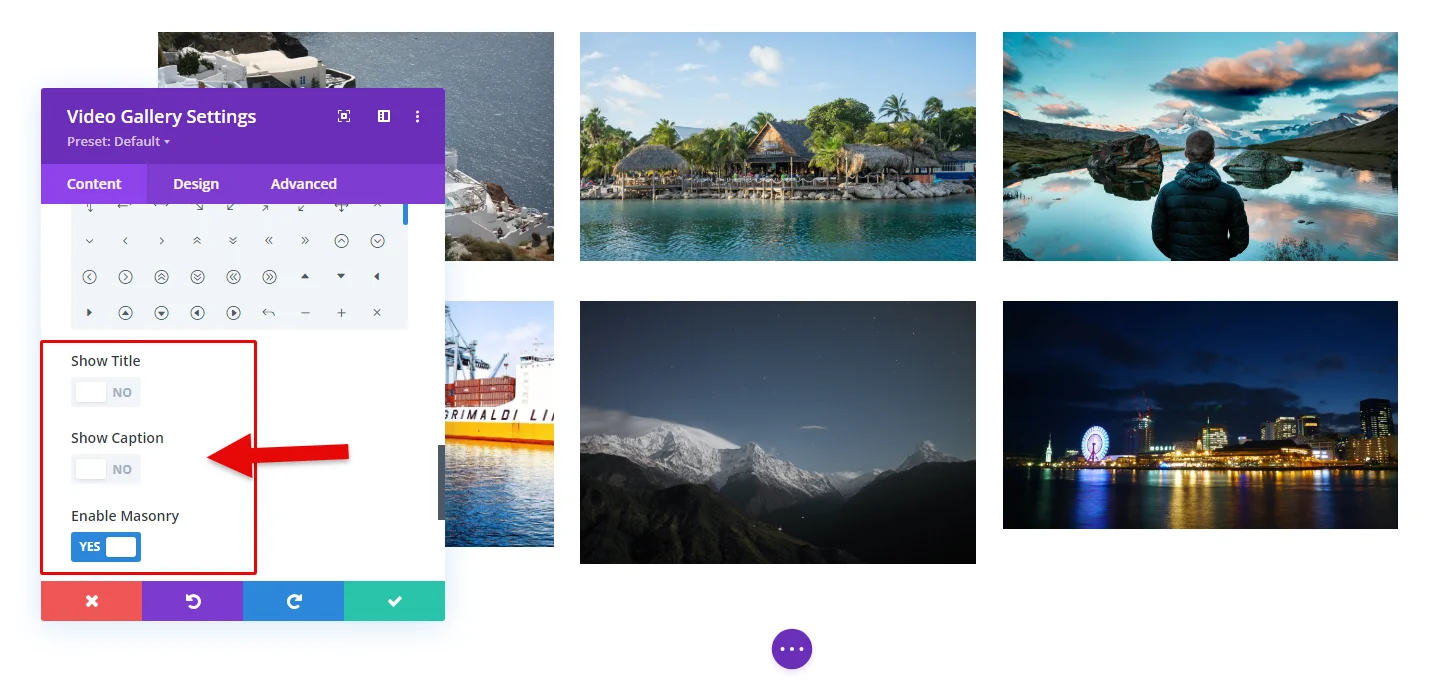 Options to show title and caption, and enable the masonry layout for Divi video gallery.