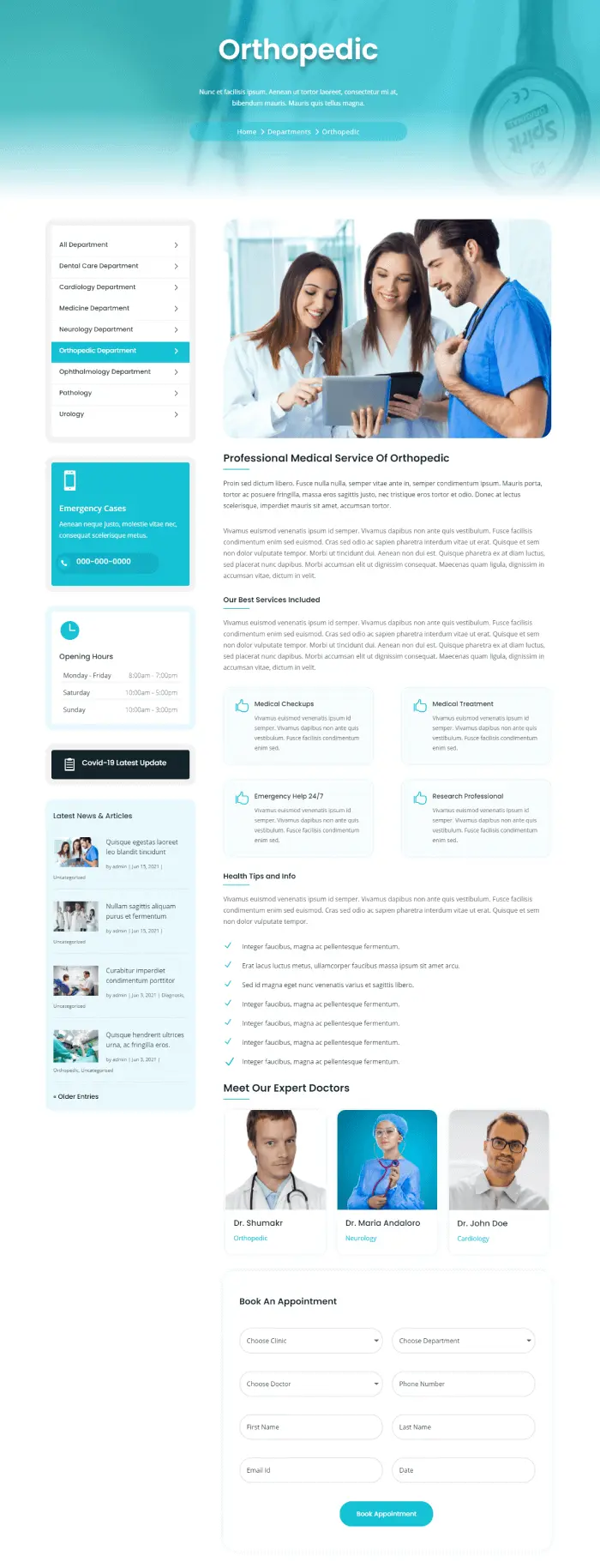 Single department page in medical child theme by Divi Plus