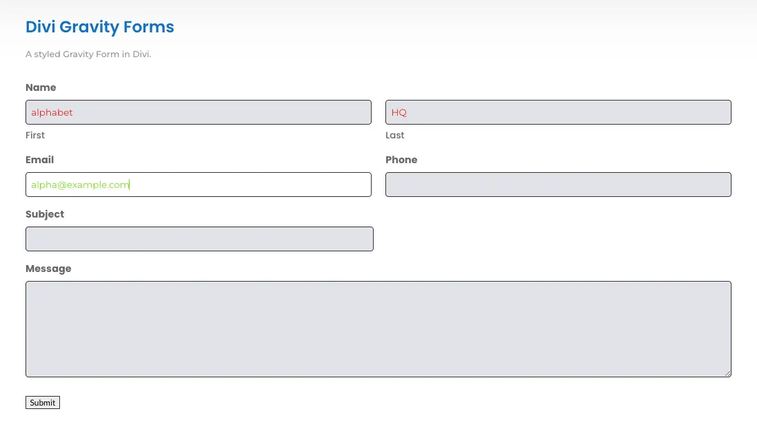 Styled Divi Gravity form with rounded input fields