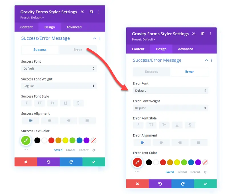 Styling options for success and error message of Divi Gravity options