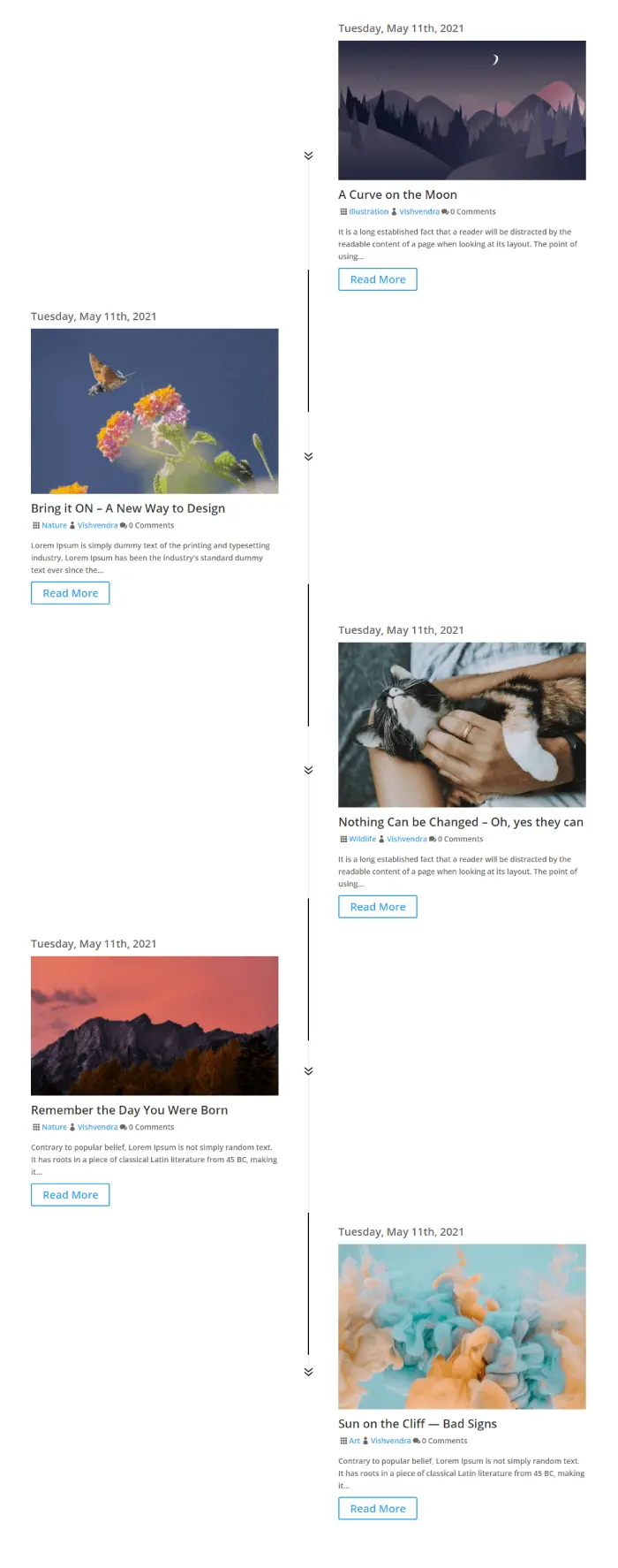 Timeline blog in Divi with 5 posts