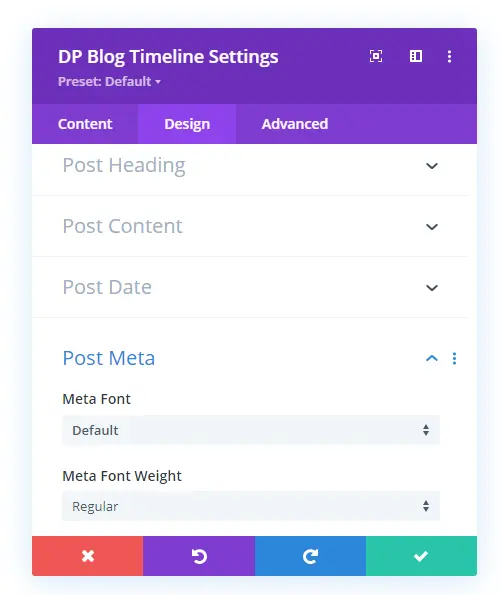 Timeline post heading, content, date and meta settings