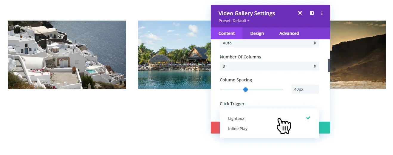 Video gallery click trigger option