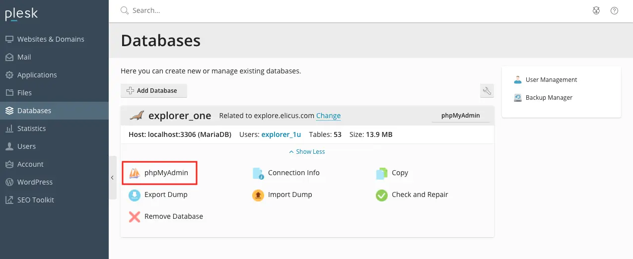 Website's database options in Plesk