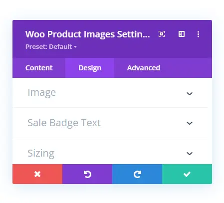 Woo Product Images Divi WooCommerce module and settings of the design tab