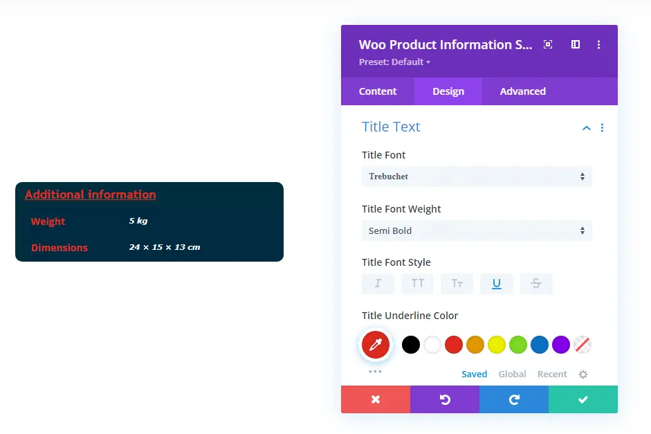 Woo Product Information Divi module for WooCommerce design tab options