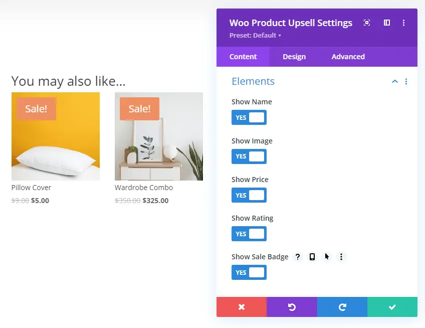 Woo Product Upsell elements settings