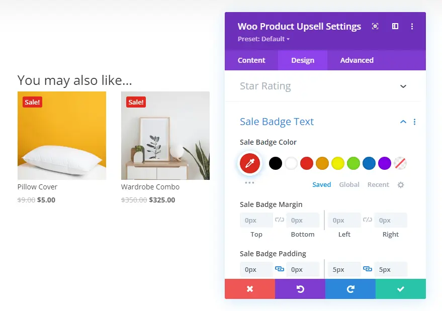 Woo Product Upsell sale badge text settings