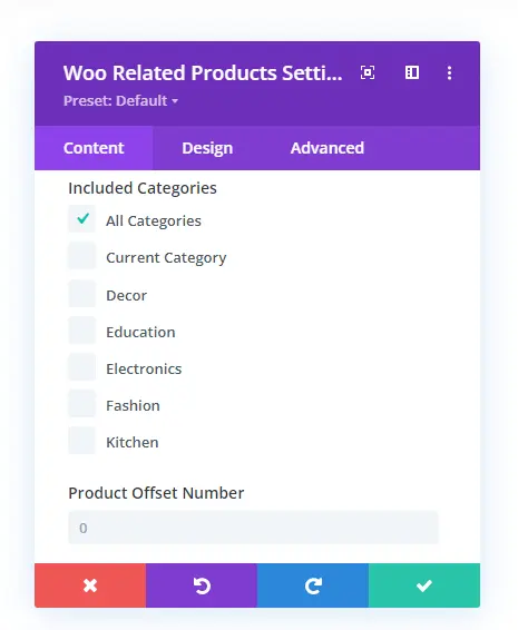 Woo Related Products content settings with categories