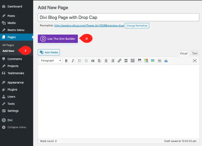 WordPress new page creation with Divi builder