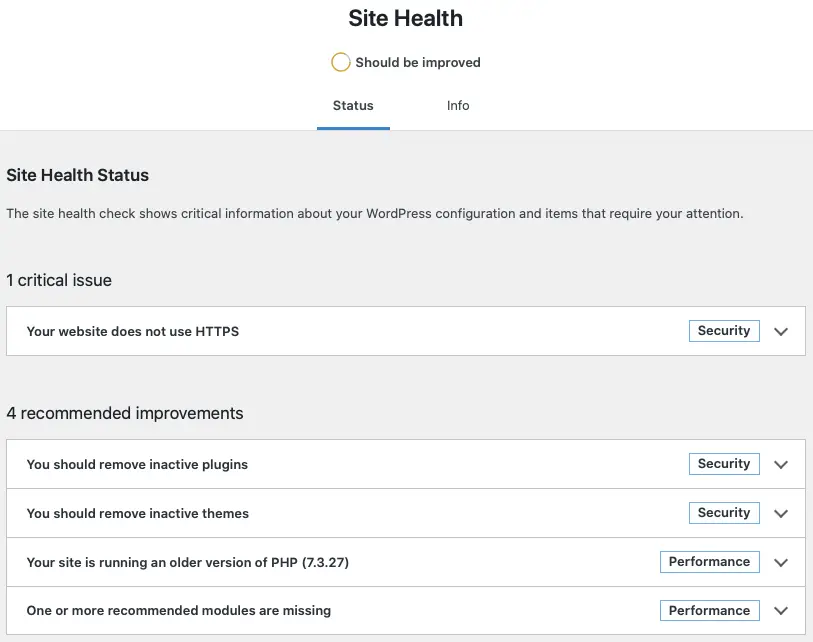 WordPress site health notification for Divi troubleshoot