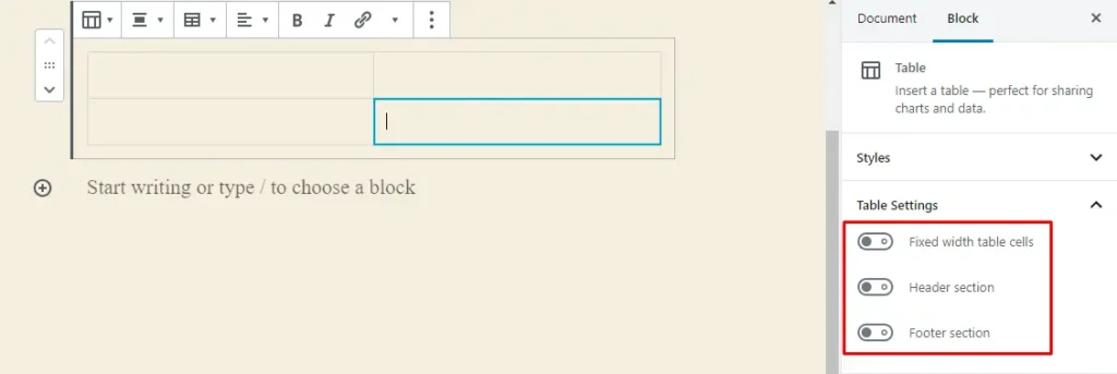 WP 5.3 Gutenberg table block header and footer