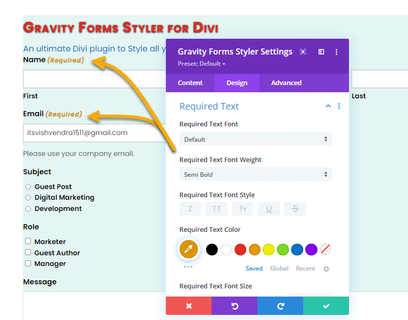 Required Text Customizations for Divi Gravity Forms Styler