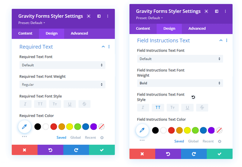 Required and Field Instructions Text options to Style Gravity Forms in Divi