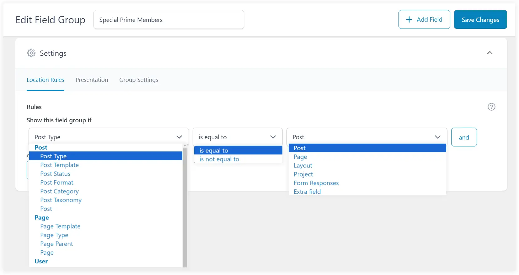 Configure ACF custom field location rules