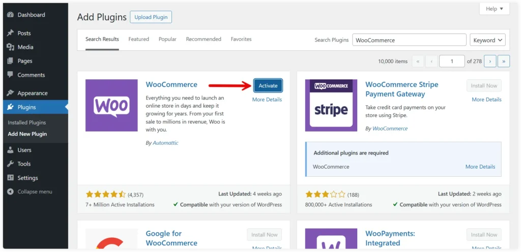 Activate WooCommerce in WordPress