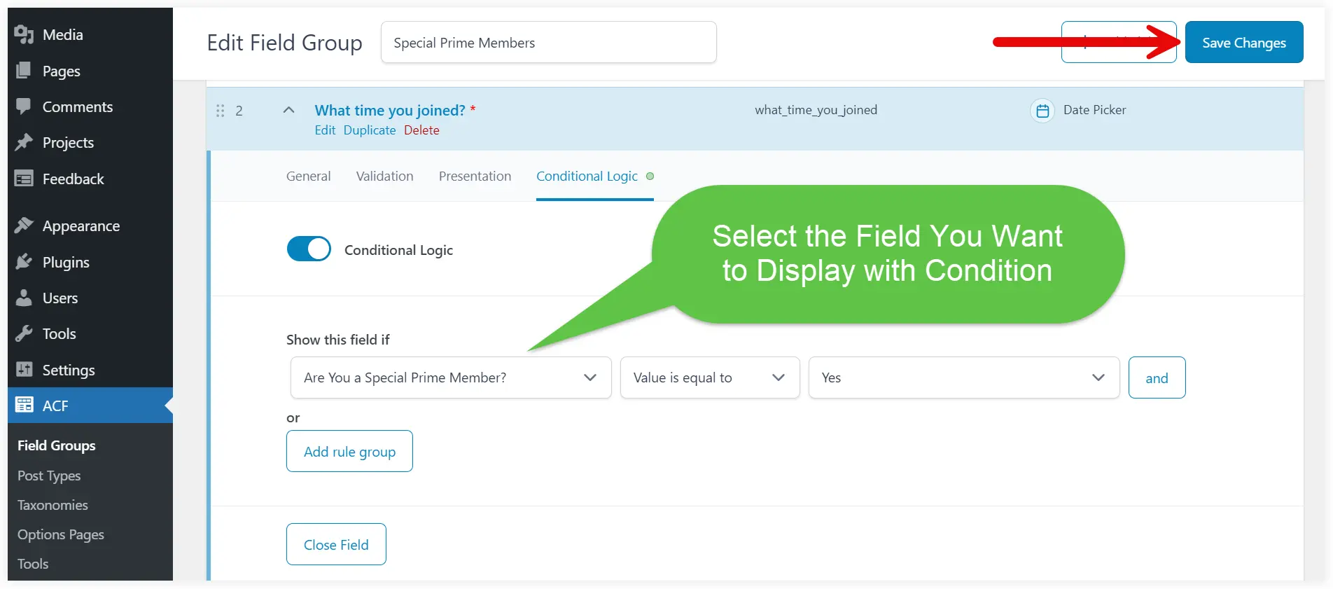 Configure condition options in ACF custom fields 