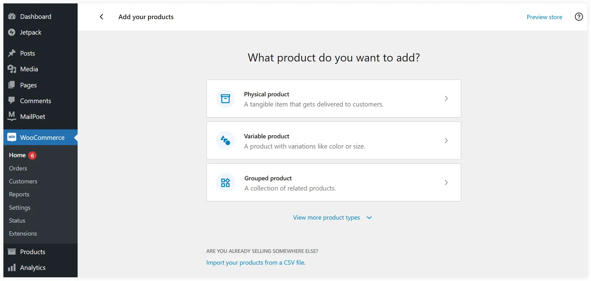 Select product type in WooCommerce store 