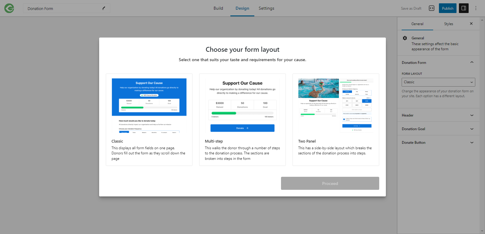 GIVEWP donation form layout options.