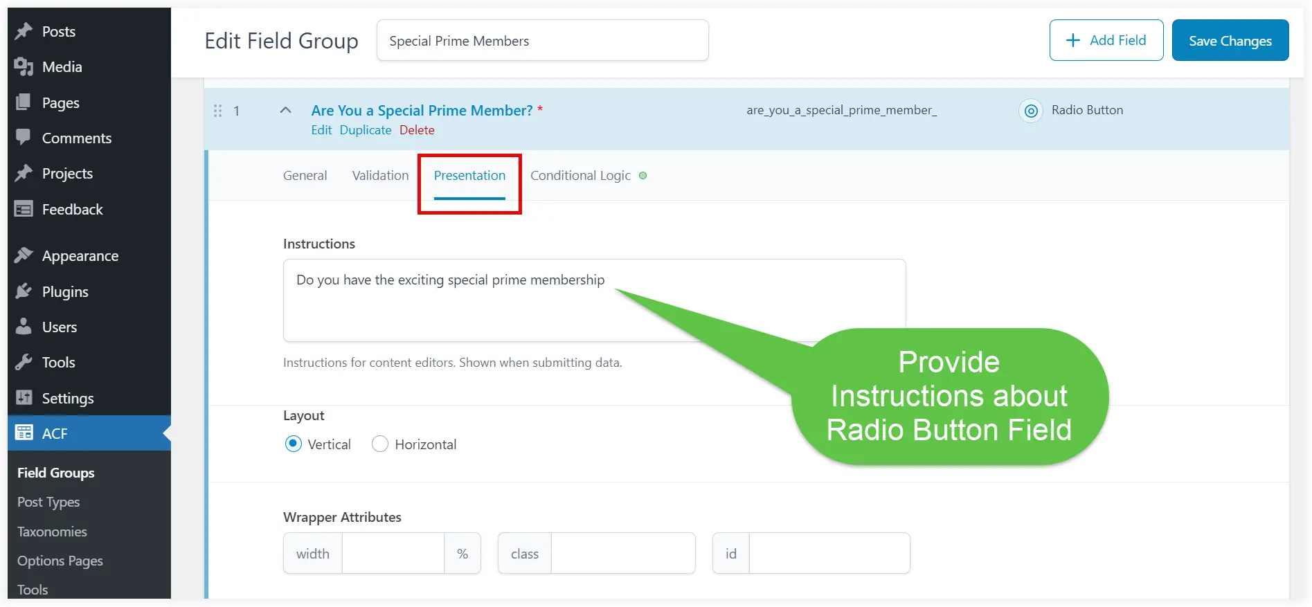 Configure presentation options in ACF 