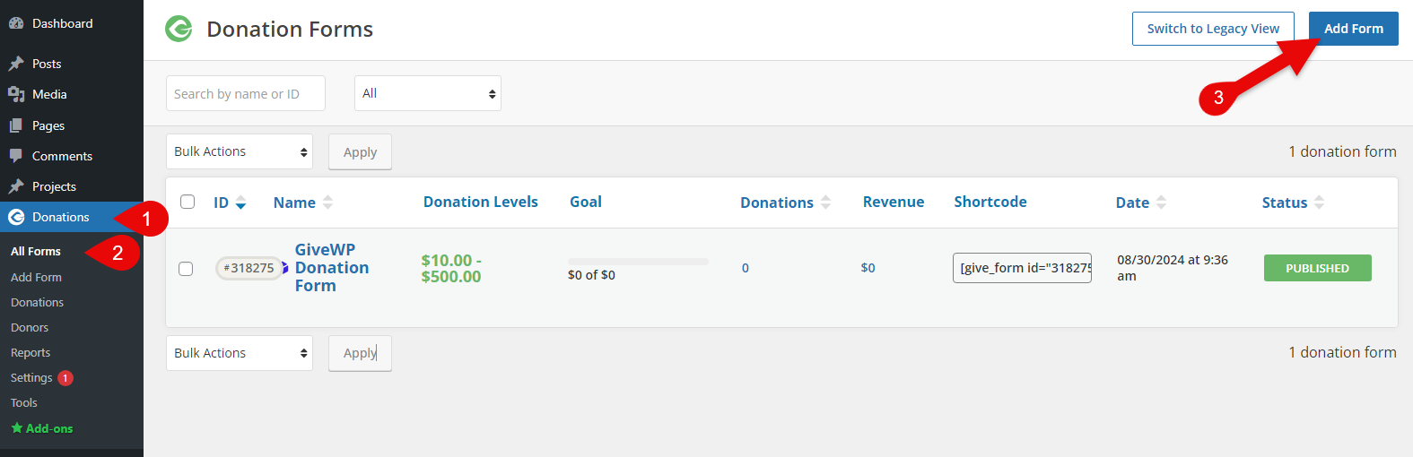 Adding a new fundraising form using GiveWP plugin for WordPress.