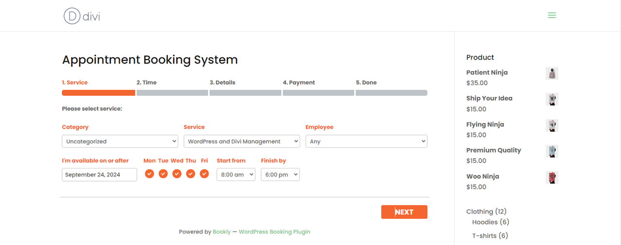 A working booking form on a WordPress page using the Bookly plugin.